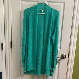 Eileen Fisher Organic Linen Cotton Blend Open Front Cardigan Turquoise Large